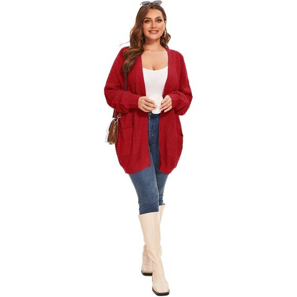 Plus Size Waffle Knit Cardigan Sweater for Women Open Front Pockets Fall Cozy - Picture 6 of 7